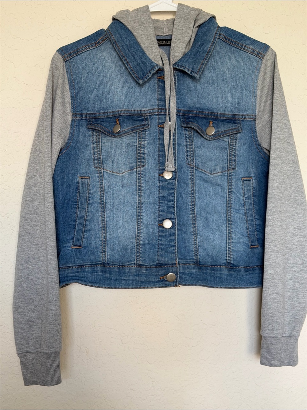 Women’s Blue Denim Hooded Jacket Gray Sleeves Size L